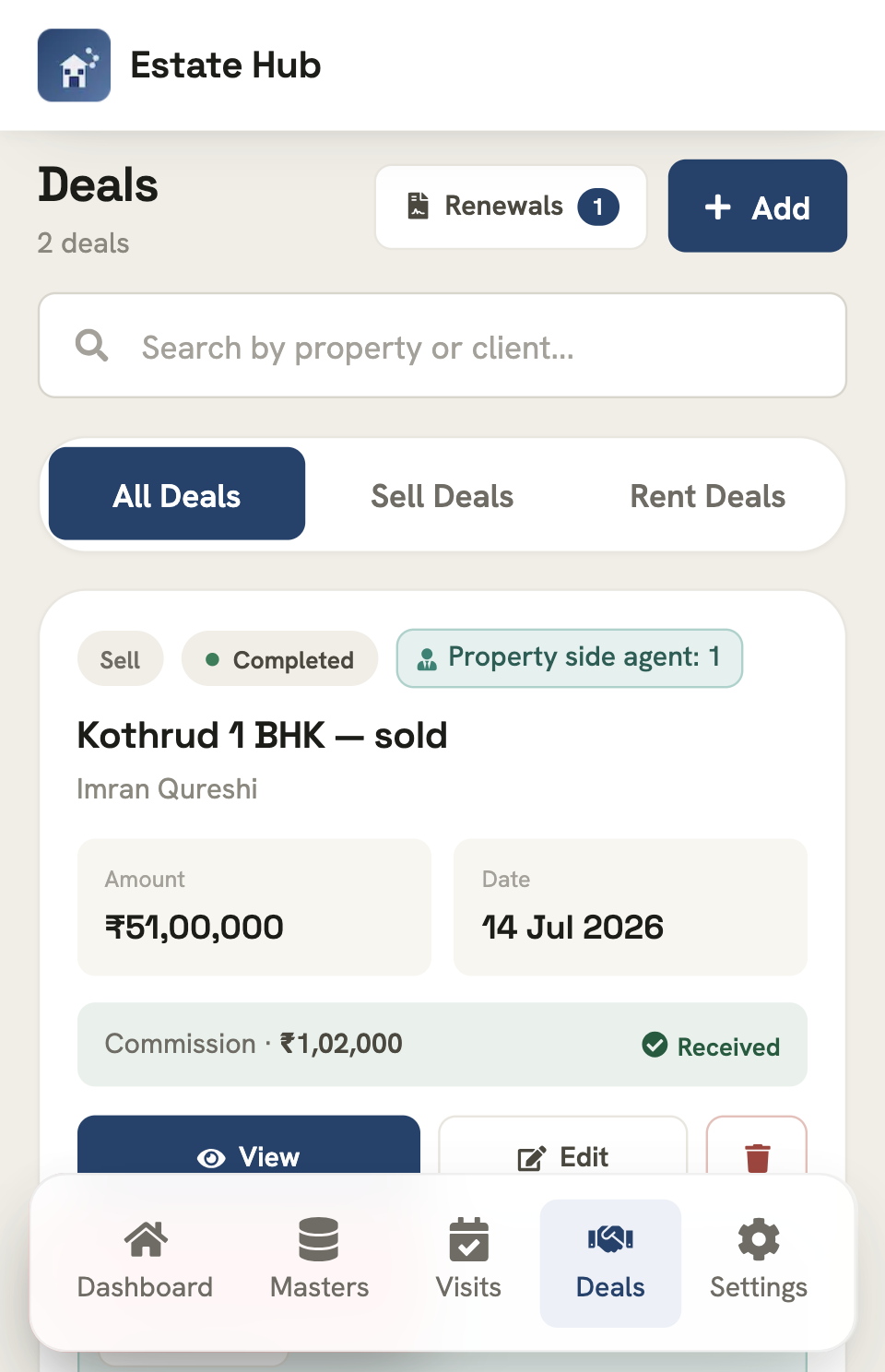 Deals and brokerage in Estate Hub