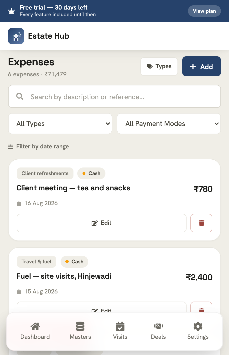 Expenses in Estate Hub