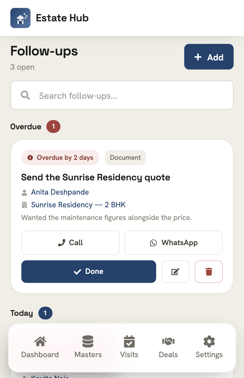 Follow-ups in Estate Hub